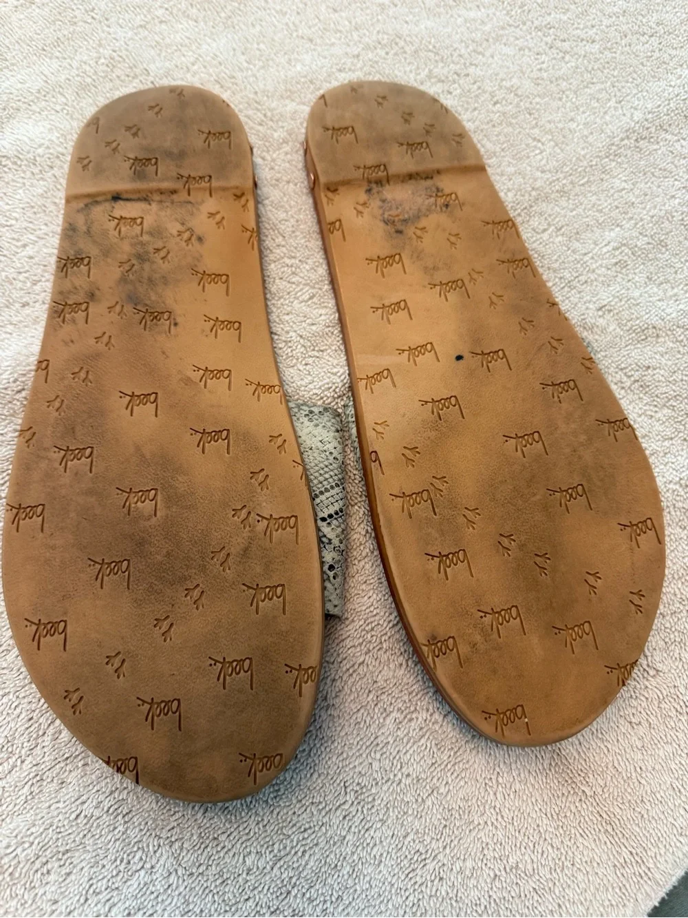 beek Mockingbird Snake-Print Slide Sandals in Tan & Gray